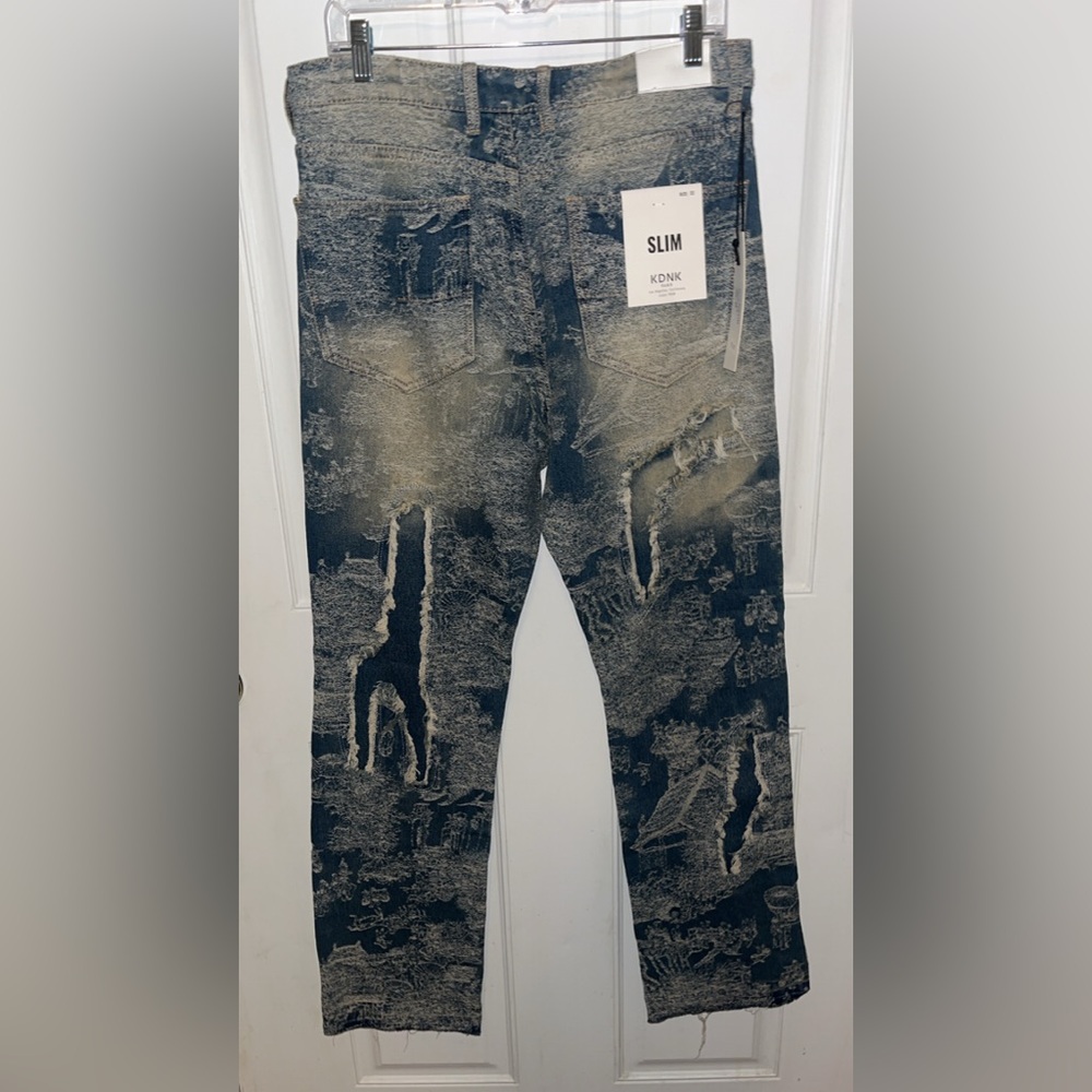 KDNK Slim fit distressed tapestry material Jeans Sz 32 New With Tags